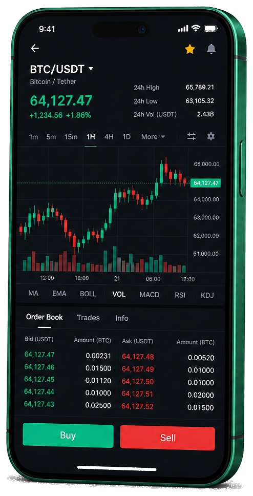 Aplicación móvil de Stake Lispro +0.5 para trading con gráficos en vivo de BTC/USDT, libro de órdenes y panel de control de operaciones